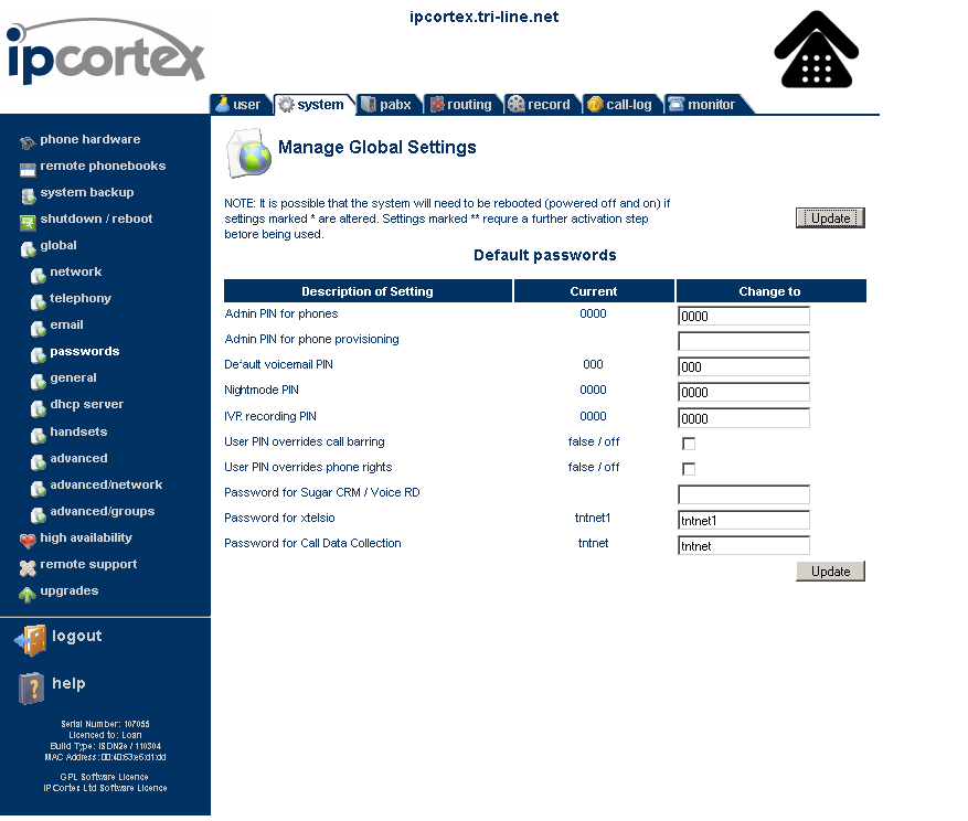 ipcortex settings