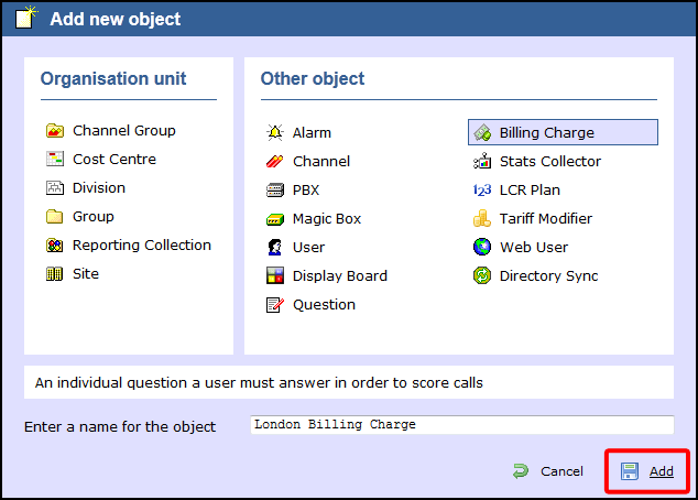 add object Billing Charge