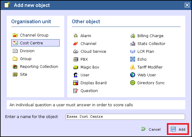 add object Cost Centre