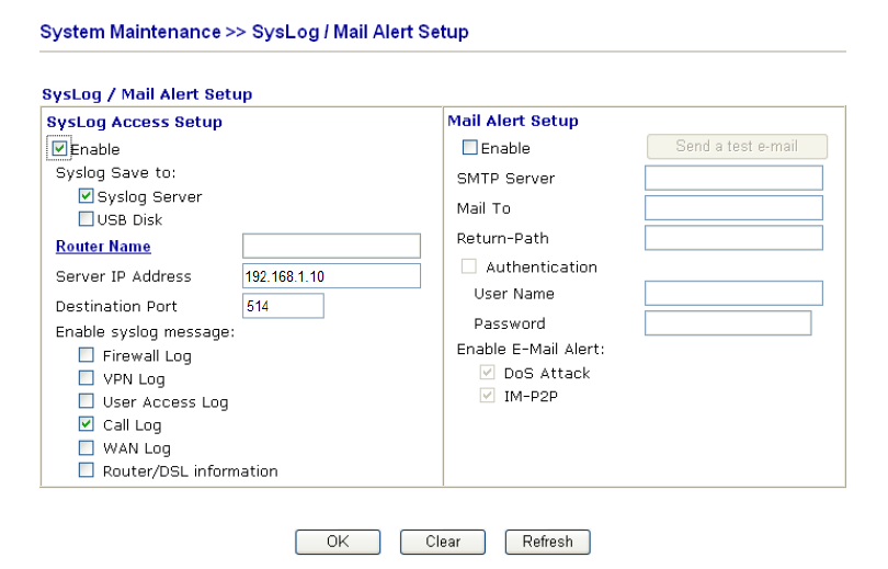 draytek sys log settings