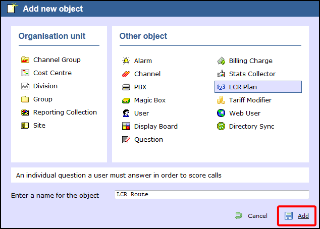 add object LCR Plan