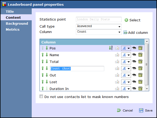 leaderboard panel properties