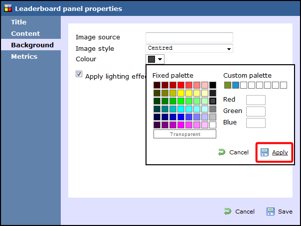 leaderboard panel properties