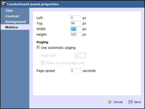 leaderboard panel properties