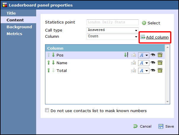 leaderboard panel properties