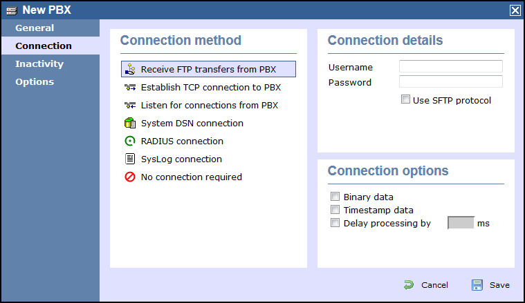 PBX object connection settings