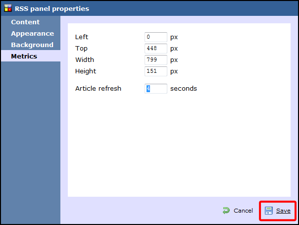 rss panel properties