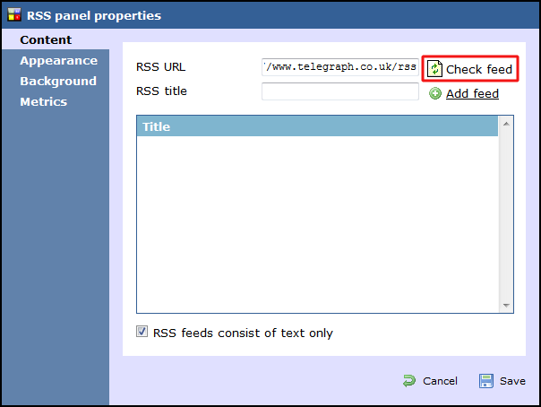 rss panel properties