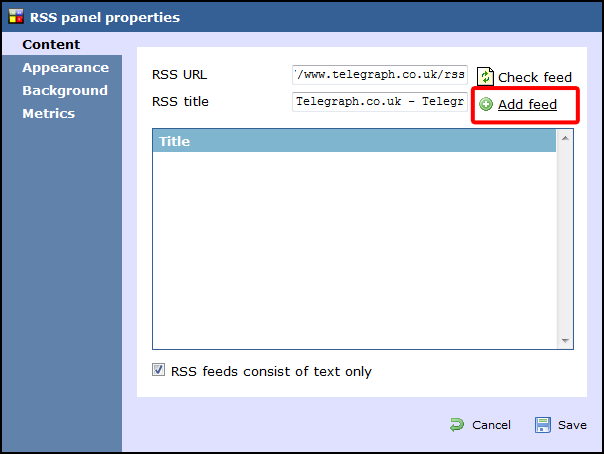 rss panel properties