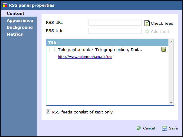 rss panel properties