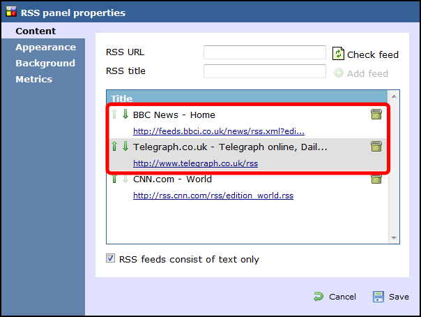 rss panel properties