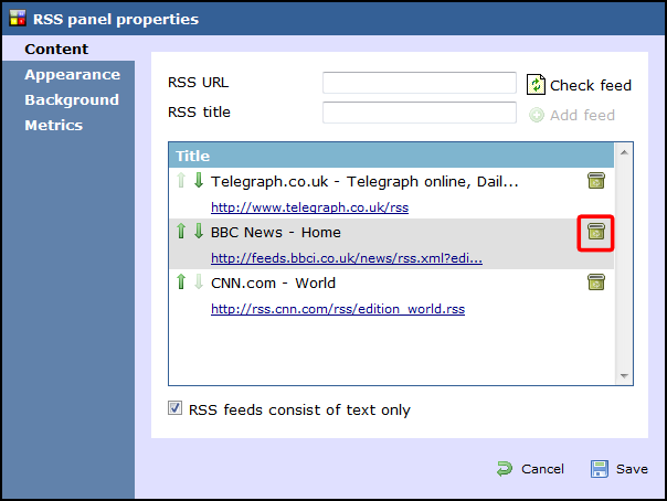 rss panel properties