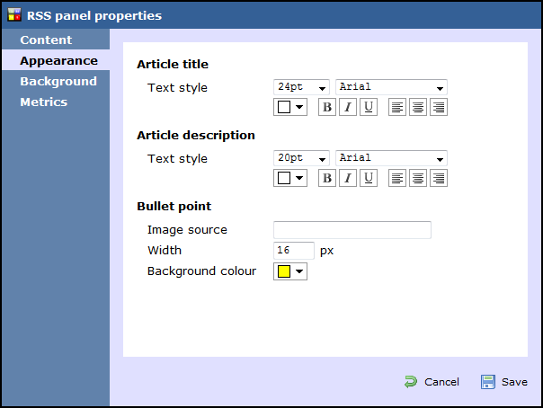 rss panel properties