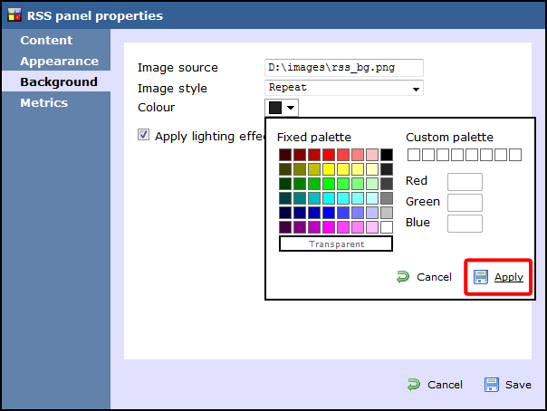 rss panel properties