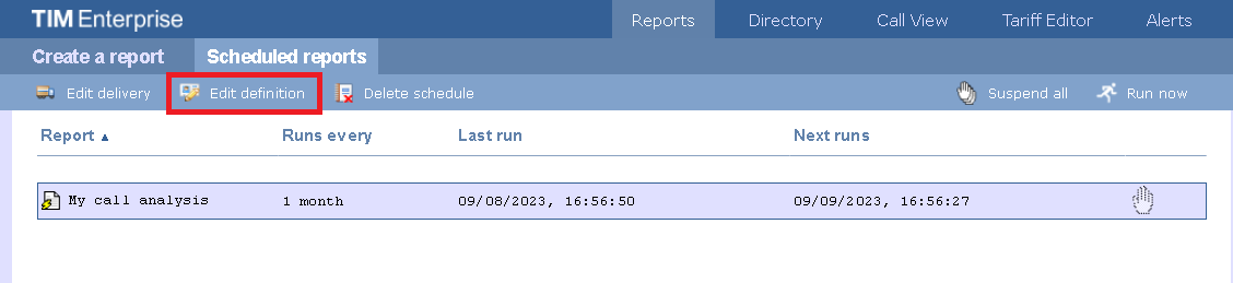 Editing scheduled report definition