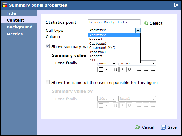 summary panel properties