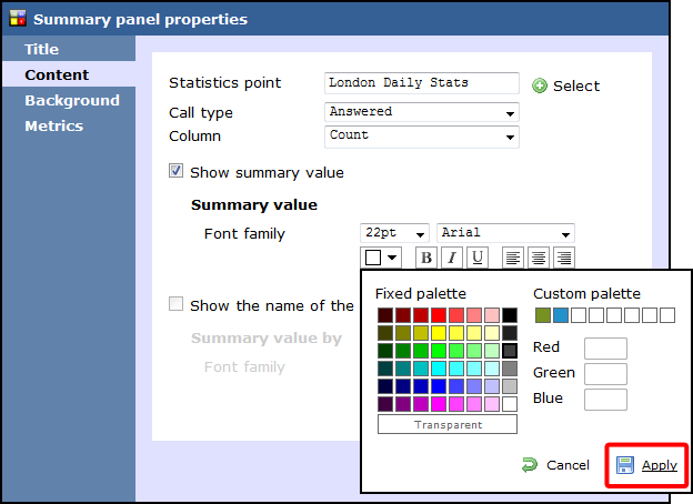 summary panel properties