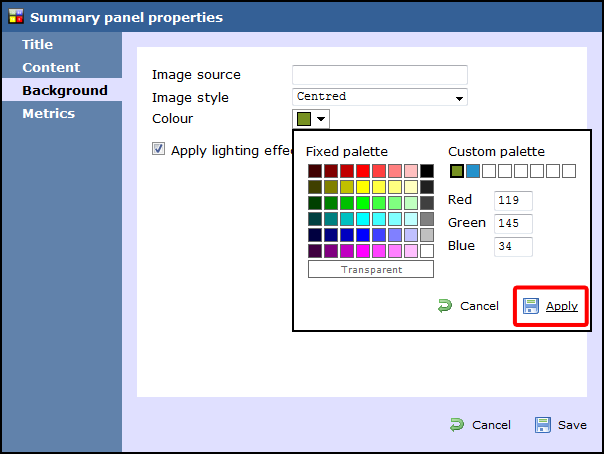 summary panel properties