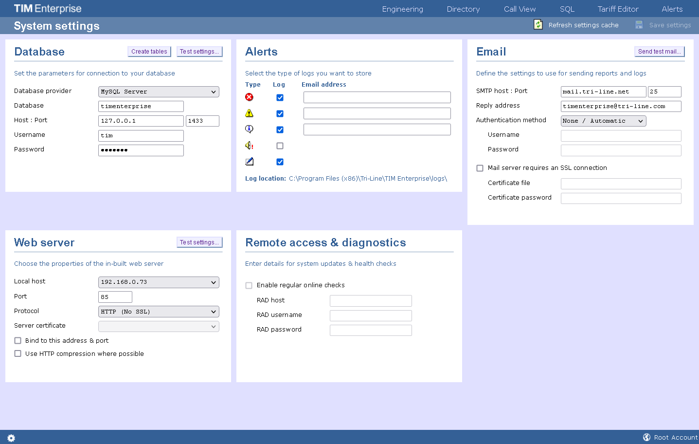 System settings screen