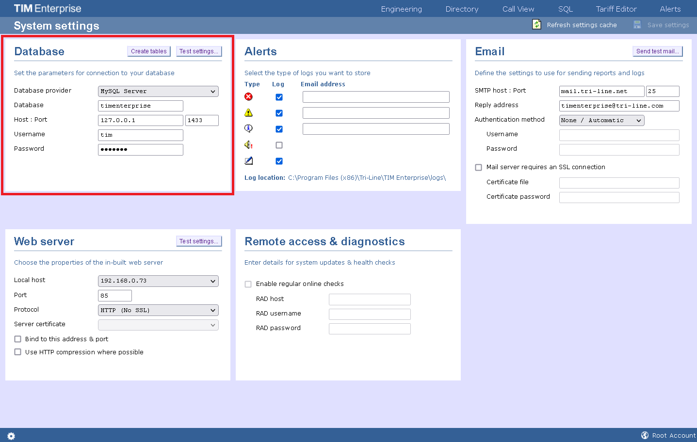 System settings - database