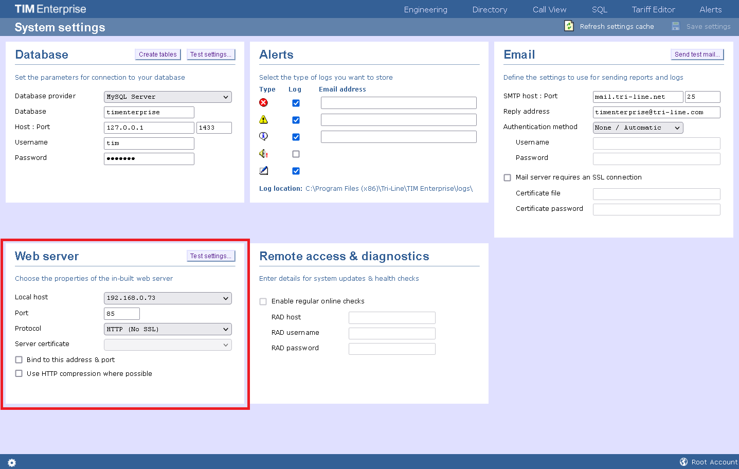 System settings - web server