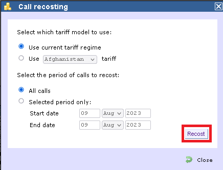 call recost settings