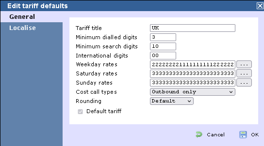 tariff table defaults