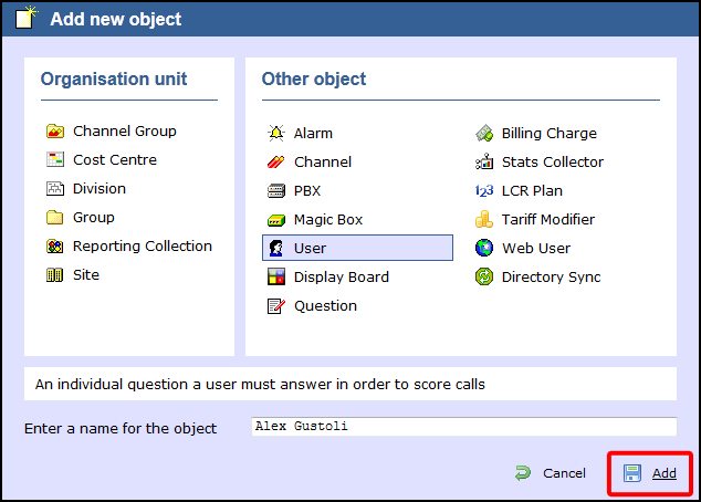 add object User