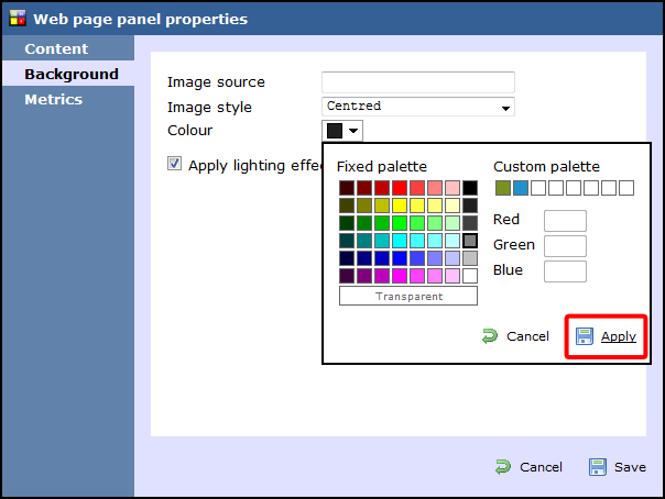 web panel properties